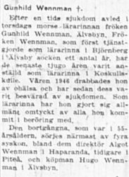 Wennman Gunhild Älvsbyn död 15 Jan1949 NK