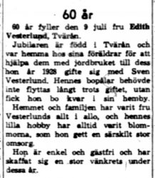 Westerlund Edith Tvärån 60 år 8 Juli 1960 NK