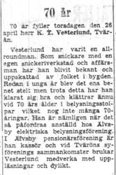 Westerlund Karl Teodor Tvärån 70 år 25 April 1951 NK