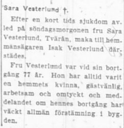 Westerlund Sara Tvärån död 24 Sept 1951 NK