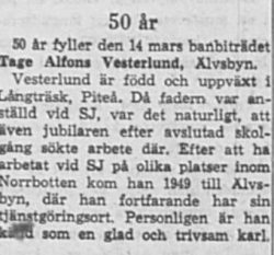 Westerlund Tage Alfons Älvsbyn 50 år 14 Mars 1964 NK