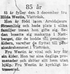 Westin Hilda Vistträsk 85 år 2 Dec 1966 NK