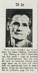 Wikberg Alma Vistträsk 70 år 10 Okt 1953 nk