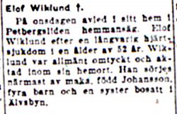 Wiklund Elof Petbergsliden död 8 Dec 1952 Nk