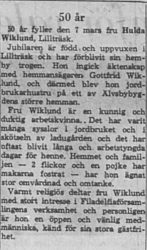 Wiklund Hulda Lillträsk 50 år 7 Mars 1964 NK