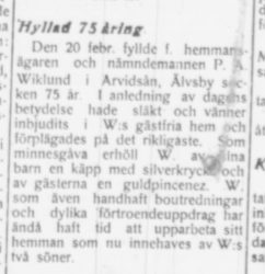 Wiklund Peter Anton Arvidsån 75 år 10 mars 1919 PT