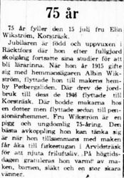 Wikström Elin Korsträsk 75 år 14 Juli 1965 PT