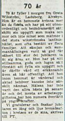 Wikström Greta Laduberg 70 år 7 mars 1953 PT