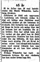 Wikström Ida Maria Laduberg 65 år 25  Maj 1959 NK