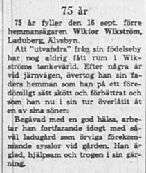Wikström Wiktor Laduberg 75 år 16 Sept 1965 NK